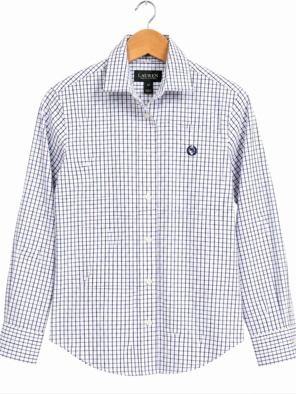Lauren Ralph Lauren Kids Button-Up Shirt Blue Check Dress Shirt Size 12 - Picture 2 of 16